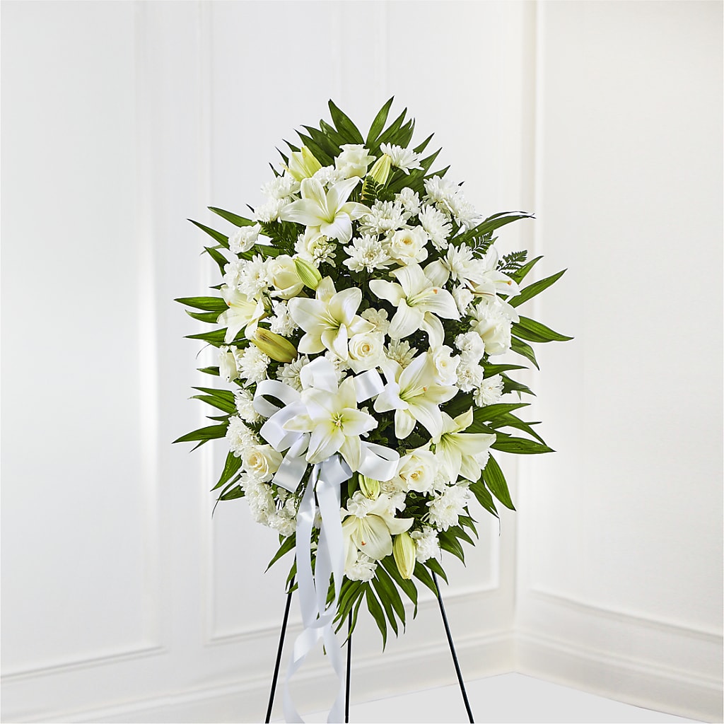 Exquisite Tribute Standing Spray-White Ribbon – ALMENDRO'S FLOWER, Kissimmee FL
